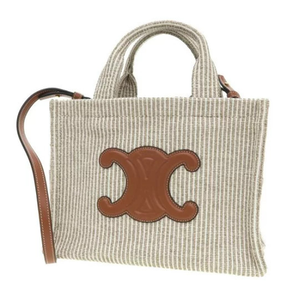 Celine Cabas Thais bag beige white striped canvas tan calfskin Triomphe